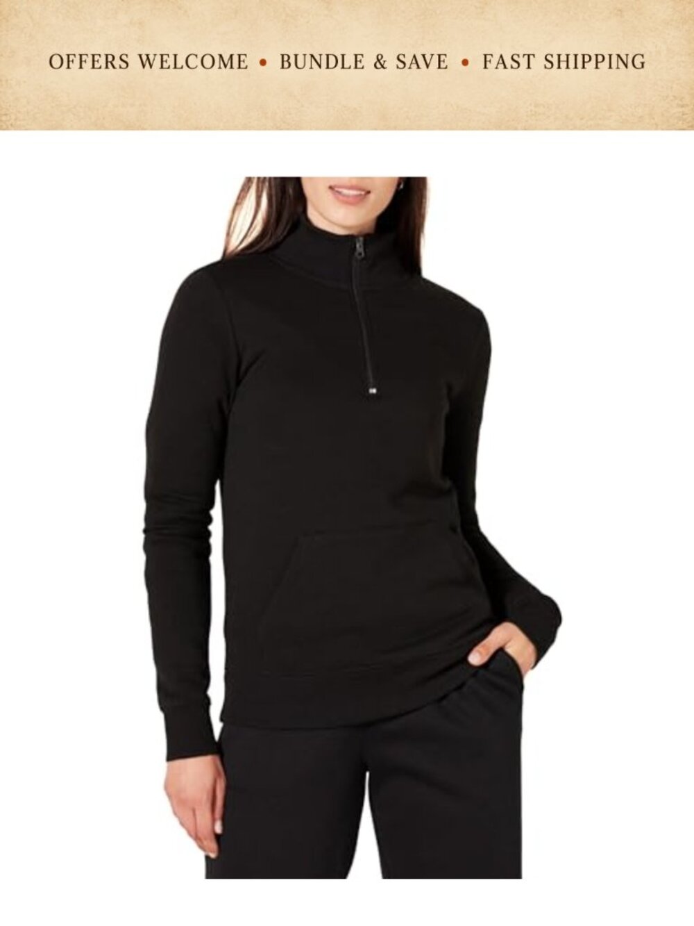 Women's Fleece Quarter-Zip Pullover Sweatshirt Mock Neck Kangaroo Pocket